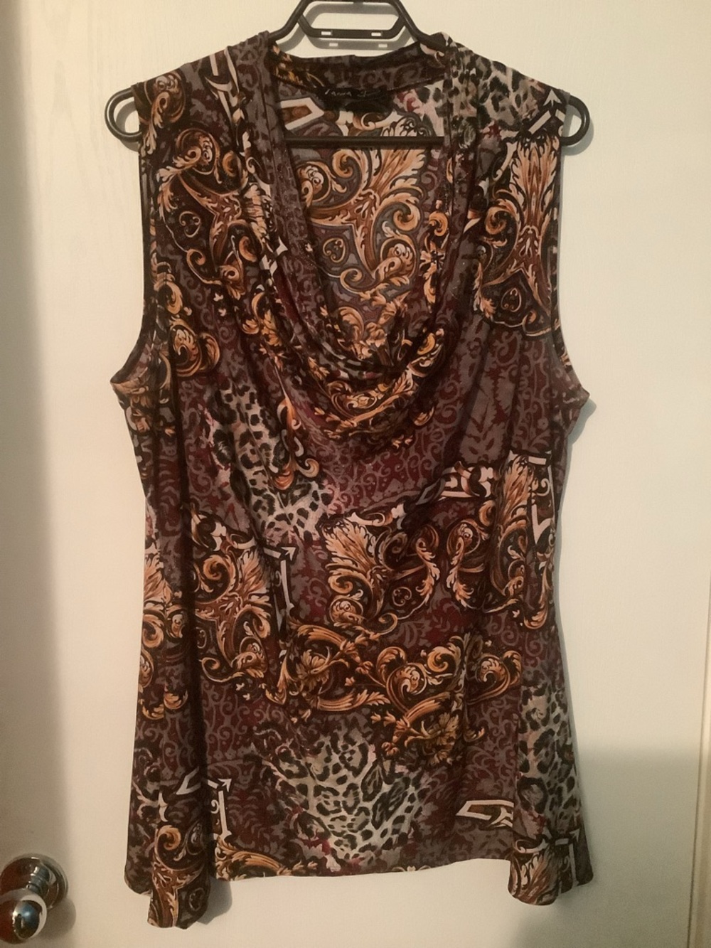 Cowl Neck Printed Sleeveless Top in Gold and Brown
